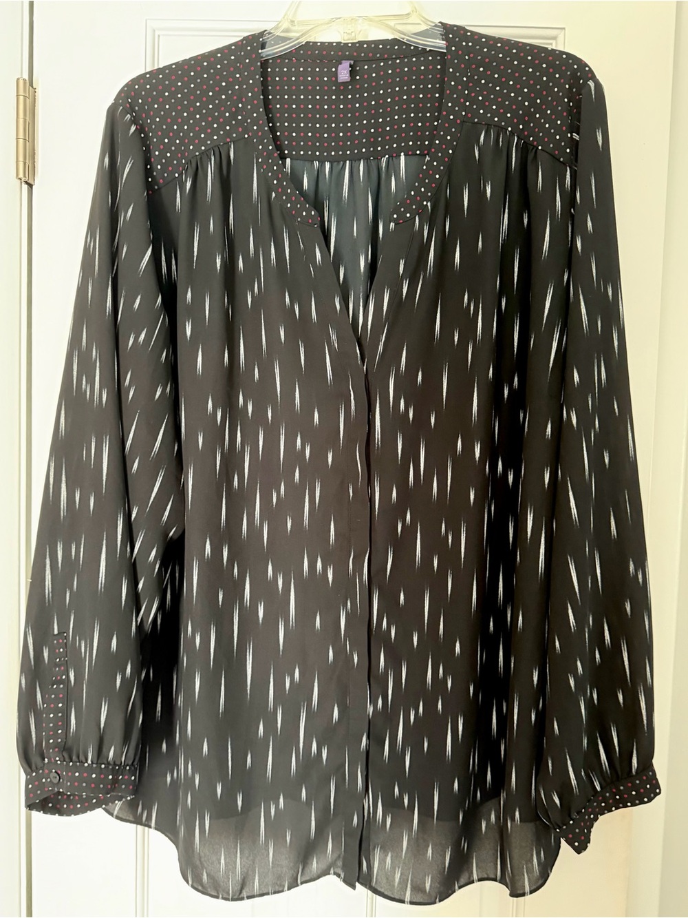 NYDJ Black Patterned Long-Sleeve Blouse with Pink Dot Trim